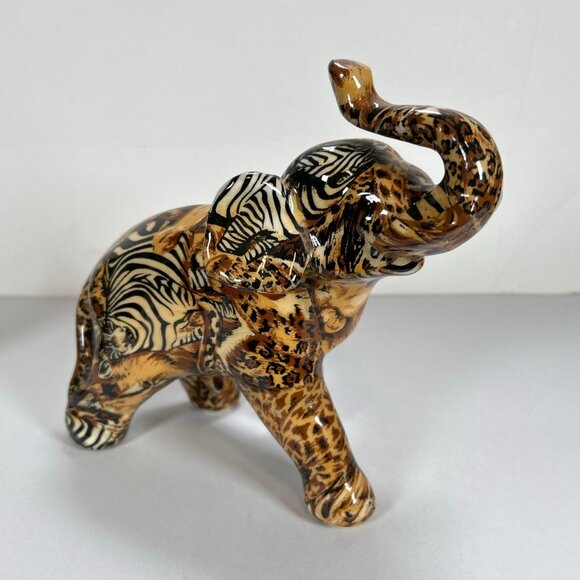 La Vie Glazed Patchwork Elephant Safari Print Figurines Set - Picture 3 of 9
